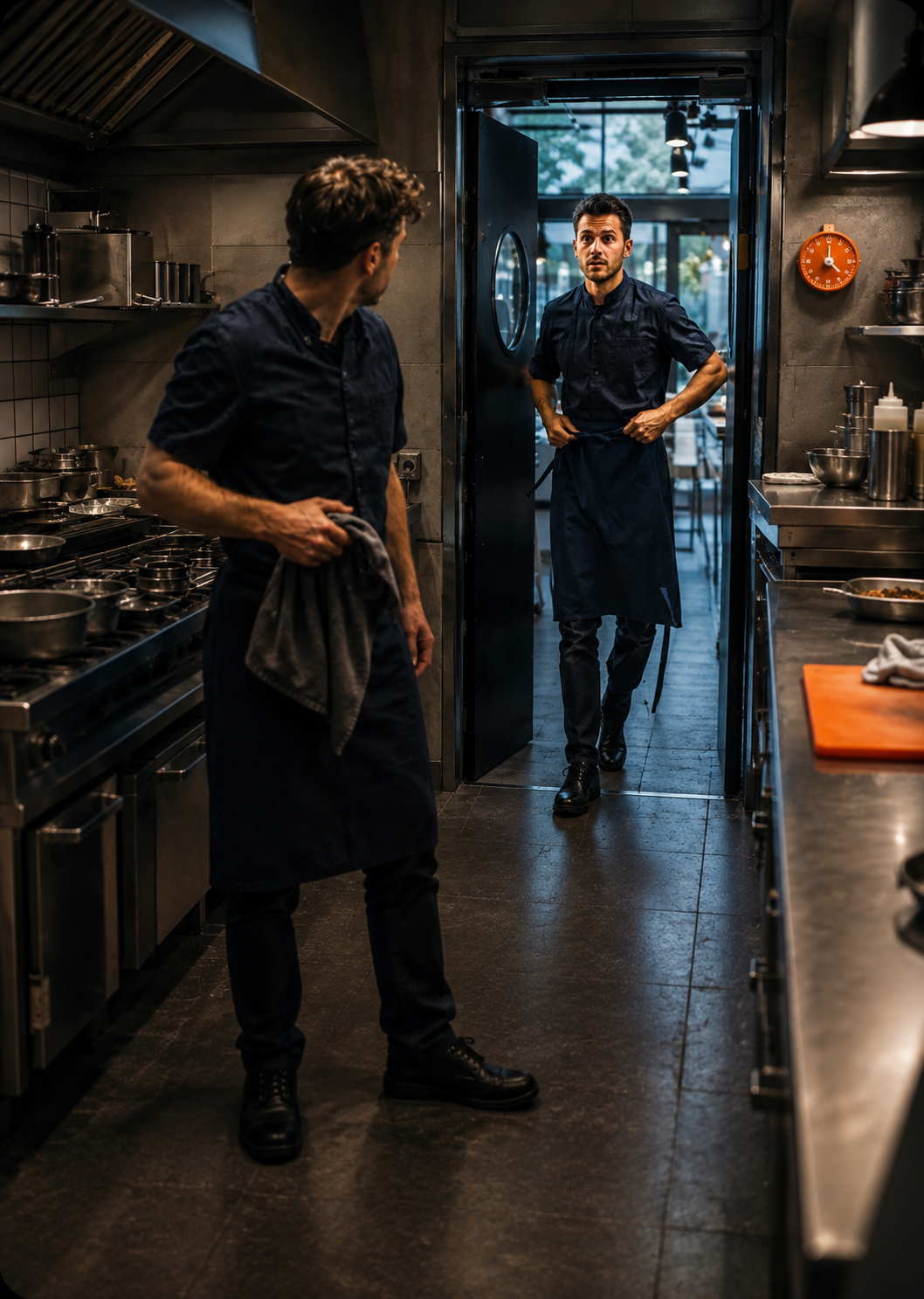 Two chefs in a stainless-steel kitchen; one enters through a doorway with hands on hips, while the other faces him holding a towel.