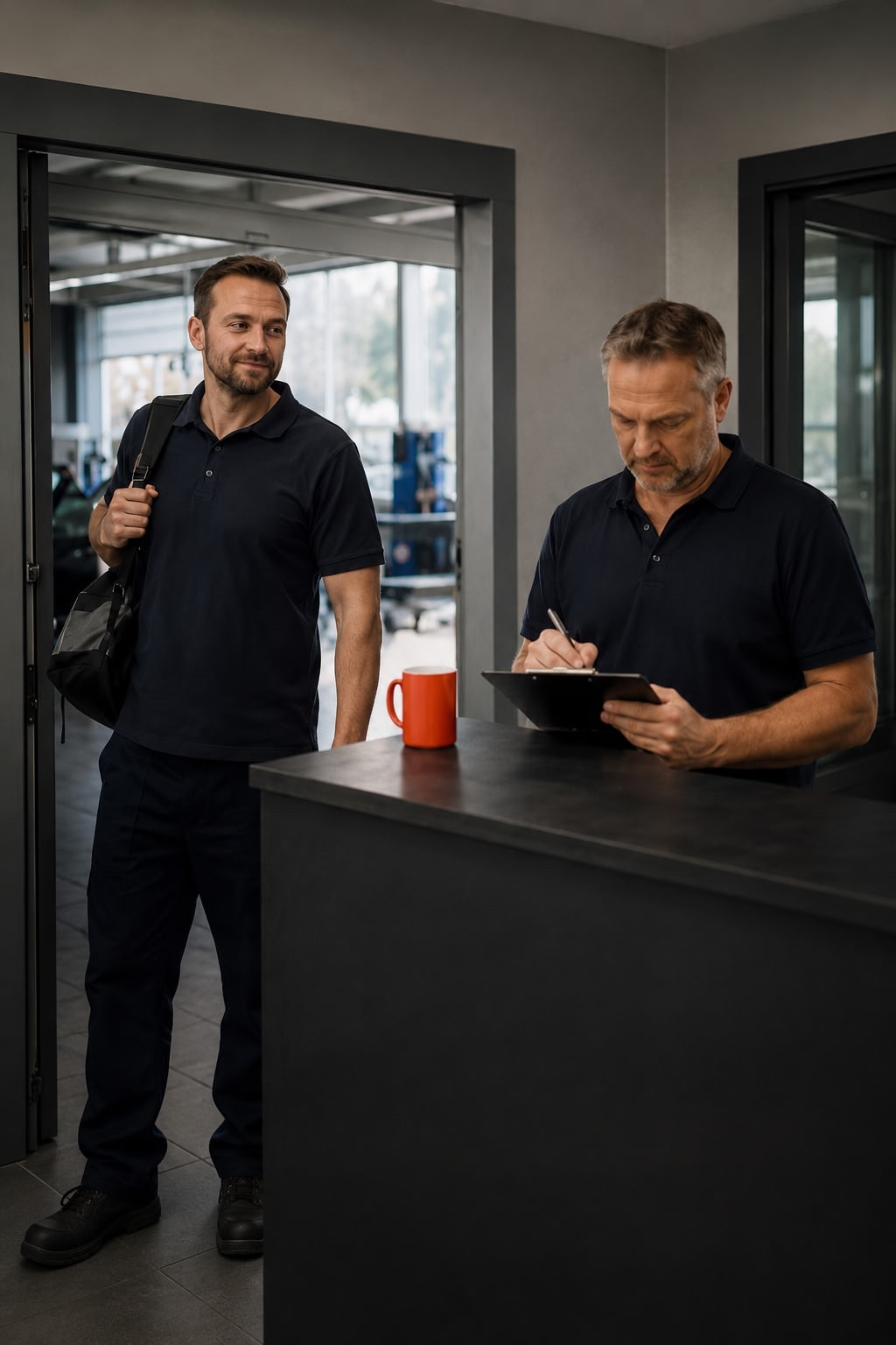 Two men in dark polo shirts in a reception area: one writes on a clipboard at the counter while the other enters with a backpack over his shoulder.