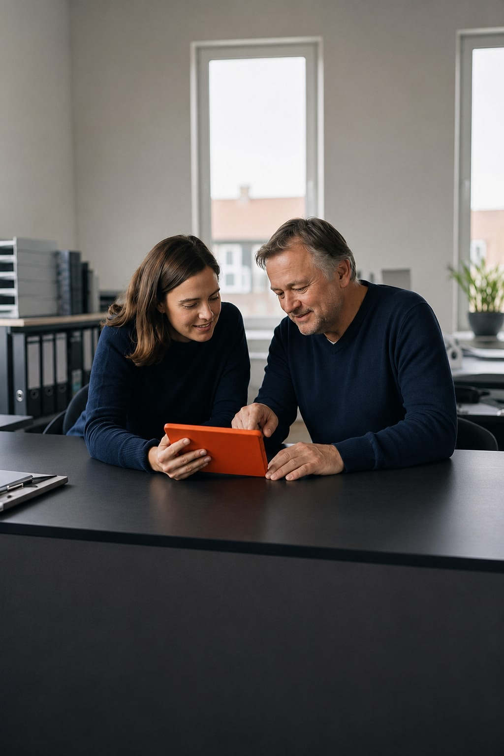 Eine Frau und ein Mann prüfen gemeinsam Daten auf einem orangefarbenen Tablet zur Verwaltung einer Ferienimmobilie.