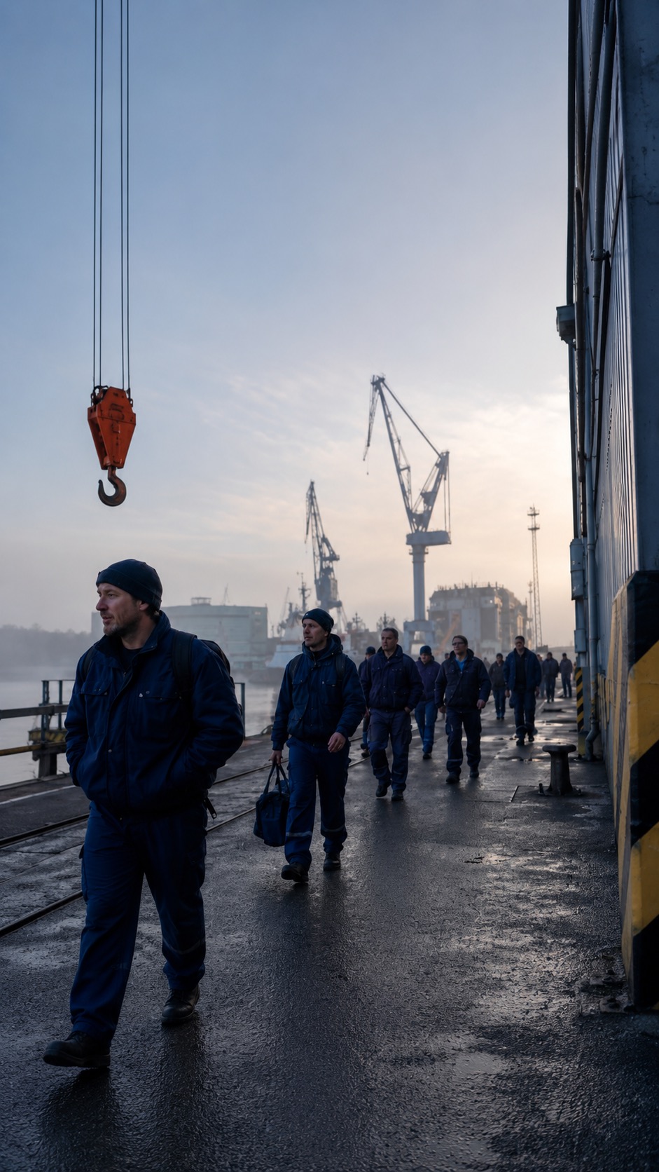 Männer in Arbeitskleidung gehen am Rostocker Hafen entlang, während Favorent die Verwaltung von Ferienimmobilien regelt.