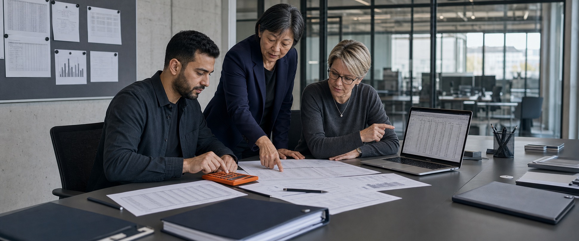 Three coworkers review charts and spreadsheets on a conference table, with a laptop and orange calculator nearby.