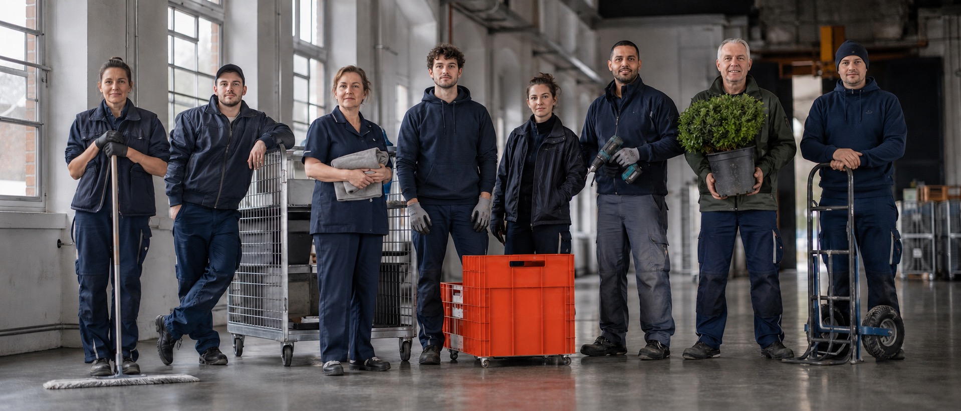 Eight maintenance workers in dark blue uniforms pose in a warehouse, with cleaning tools, carts, and crates nearby.