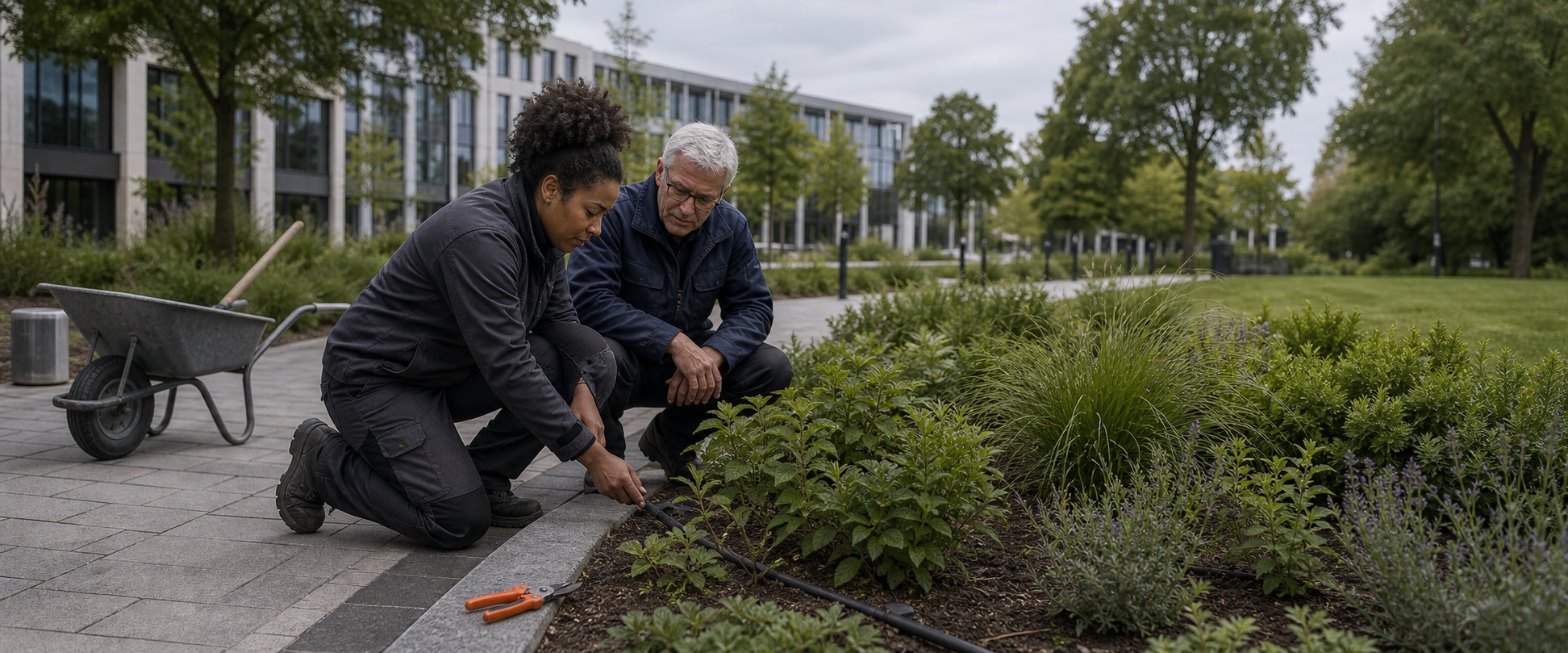 Two gardeners kneel by a planted bed along a paved walkway, one using a tool while a wheelbarrow sits nearby.