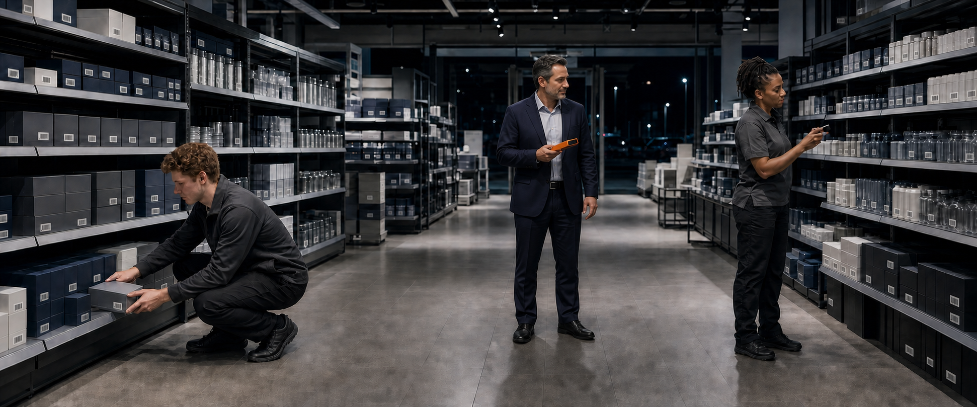 Teammitglieder von Favorent führen eine Inventur für die Ausstattung von Ferienunterkünften in einem Lagerhaus durch.