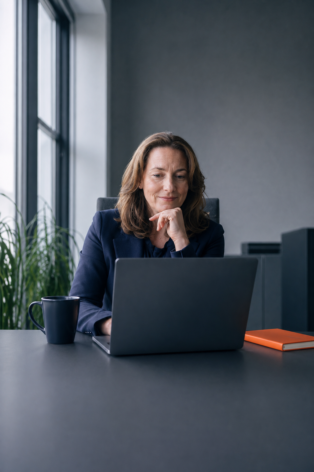 Eine Frau in einem Büro blickt auf ihren Laptop und koordiniert Aufgaben für eine Ferienimmobilie bei Favorent.