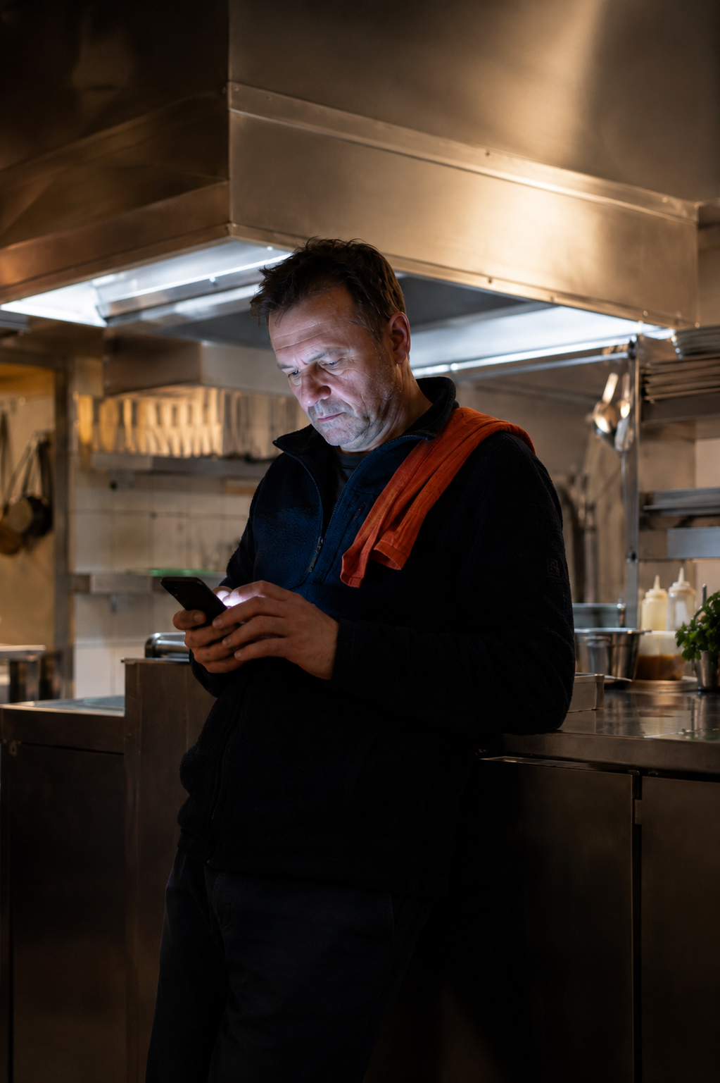 Ein Mann blickt konzentriert auf sein Smartphone in einer Profiküche während der Betreuung seiner Ferienimmobilie durch Favorent.