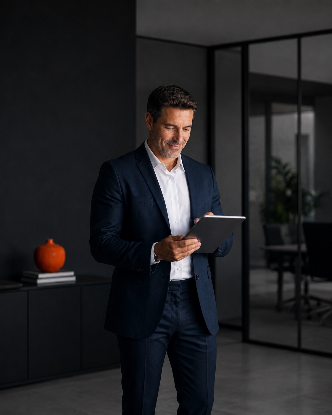 Ein Mann im Anzug nutzt ein Tablet für die professionelle Verwaltung von Ferienimmobilien durch Favorent.